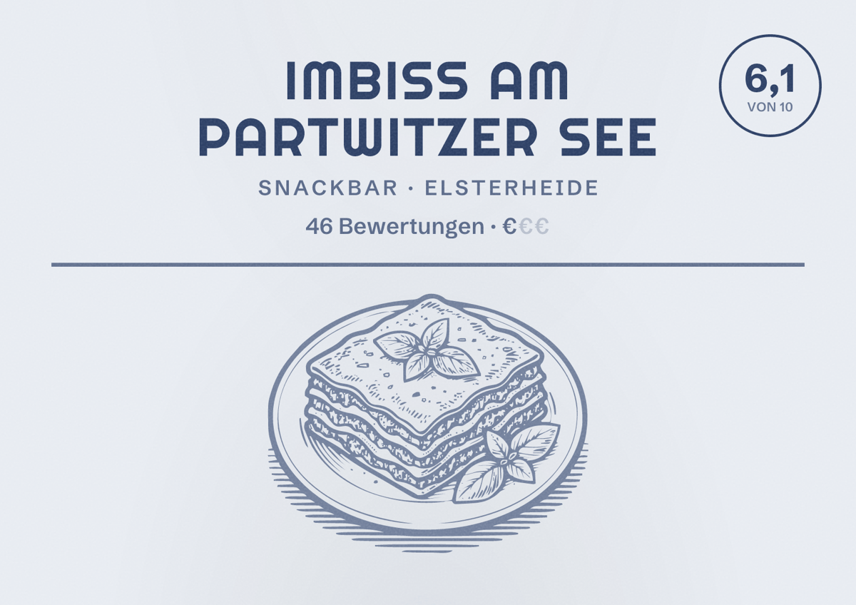 Illustriertes Poster von Imbiss am Partwitzer See, Snackbar in Elsterheide: Bewertung 6,1 von 10 aus 46 Bewertungen, Preisniveau €