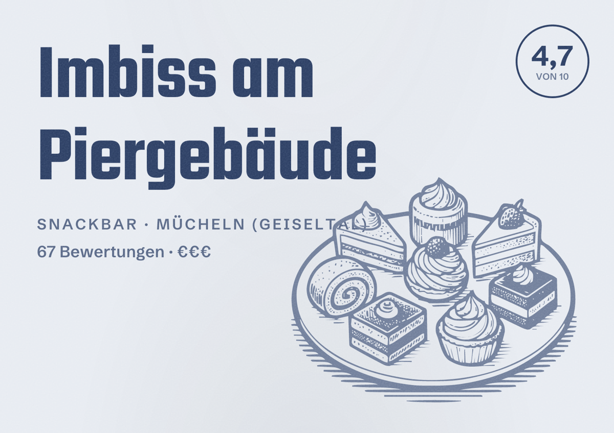 Illustriertes Poster von Imbiss am Piergebäude, Snackbar in Mücheln (Geiseltal): Bewertung 4,7 von 10 aus 67 Bewertungen, Preisniveau €€€