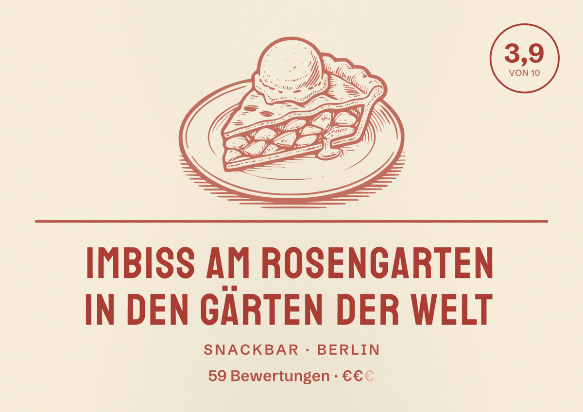 Illustriertes Poster von Imbiss am Rosengarten in den Gärten der Welt, Snackbar in Berlin: Bewertung 3,9 von 10 aus 59 Bewertungen, Preisniveau €€