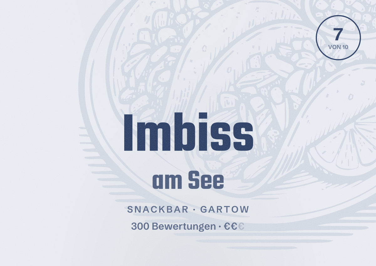 Illustriertes Poster von Imbiss am See, Snackbar in Gartow: Bewertung 7 von 10 aus 300 Bewertungen, Preisniveau €€