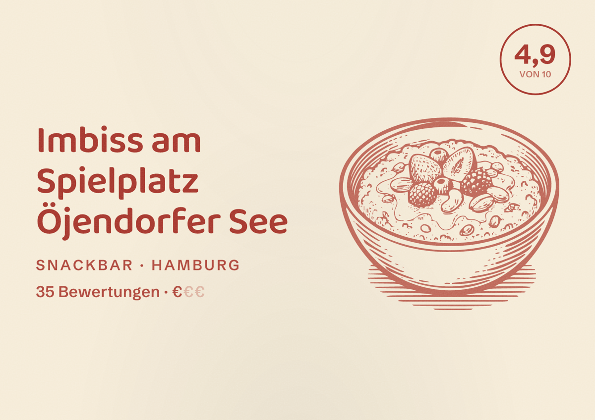 Illustriertes Poster von Imbiss am Spielplatz Öjendorfer See, Snackbar in Hamburg: Bewertung 4,9 von 10 aus 35 Bewertungen, Preisniveau €