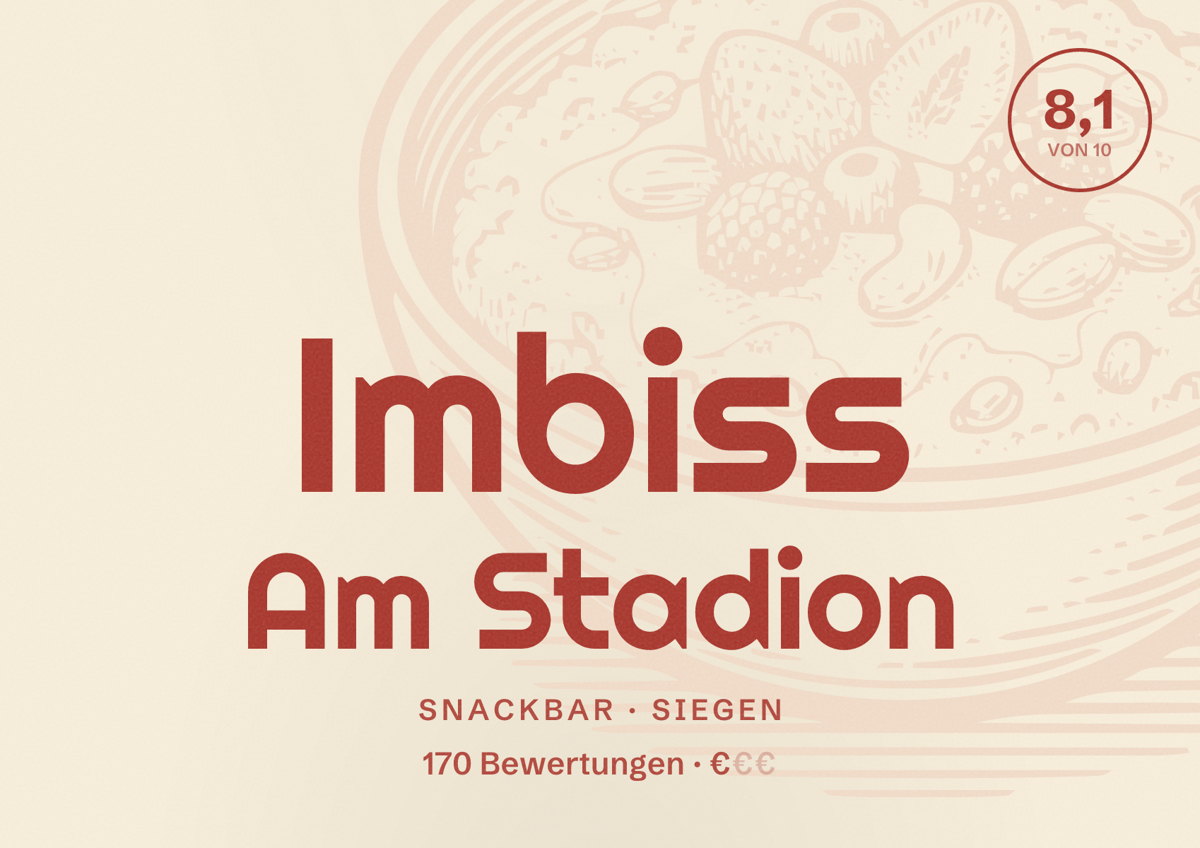 Illustriertes Poster von Imbiss Am Stadion, Snackbar in Siegen: Bewertung 8,1 von 10 aus 170 Bewertungen, Preisniveau €
