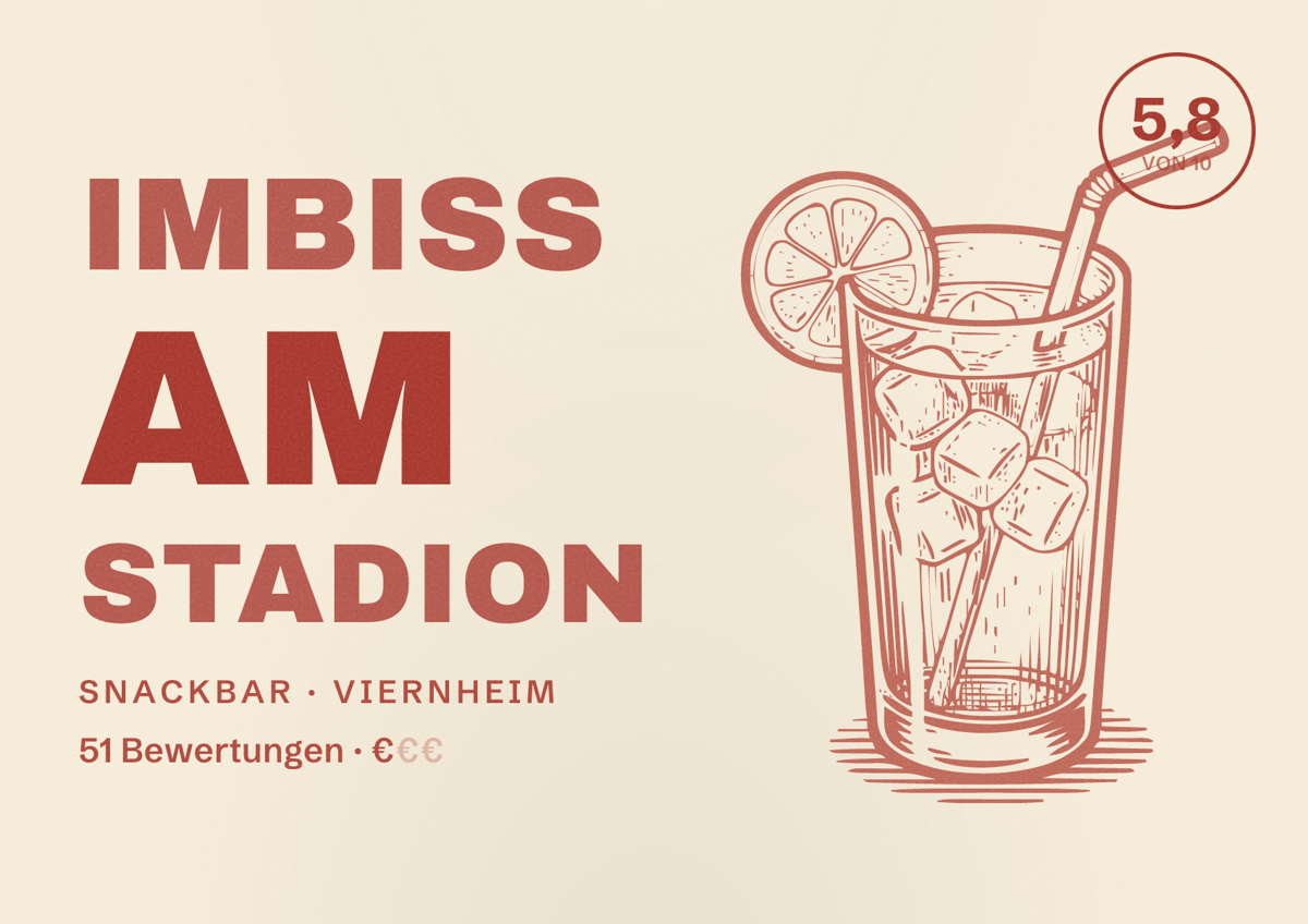 Illustriertes Poster von Imbiss am Stadion, Snackbar in Viernheim: Bewertung 5,8 von 10 aus 51 Bewertungen, Preisniveau €
