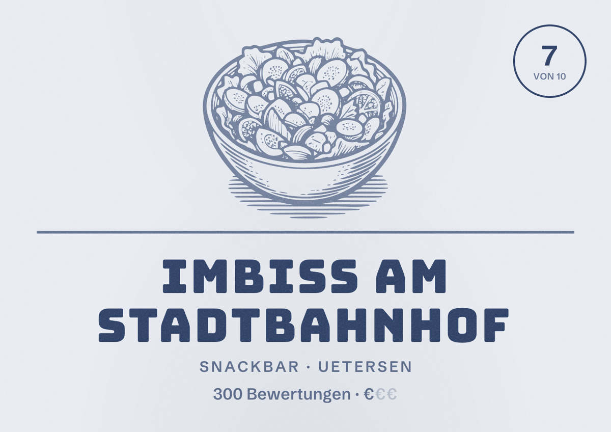 Illustriertes Poster von Imbiss am Stadtbahnhof, Snackbar in Uetersen: Bewertung 7 von 10 aus 300 Bewertungen, Preisniveau €