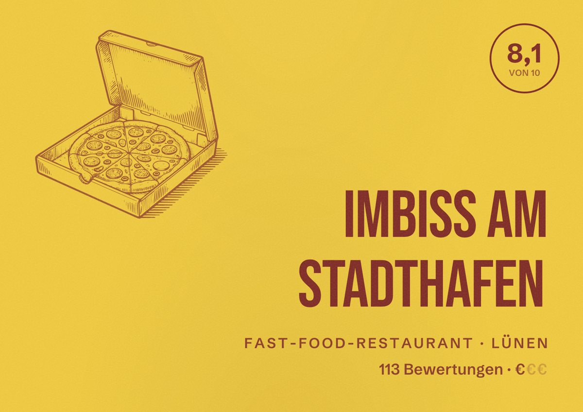 Illustriertes Poster von Imbiss am Stadthafen, Fast-Food-Restaurant in Lünen: Bewertung 8,1 von 10 aus 113 Bewertungen, Preisniveau €