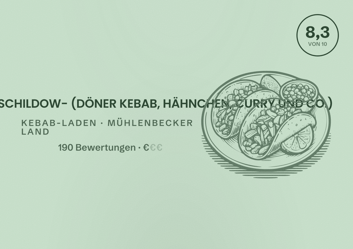 Illustriertes Poster von IMBISS AM TEICH - SCHILDOW- (DÖNER KEBAB, HÄHNCHEN, CURRY UND CO.), Kebab-Laden in Mühlenbecker Land: Bewertung 8,3 von 10 aus 190 Bewertungen, Preisniveau €