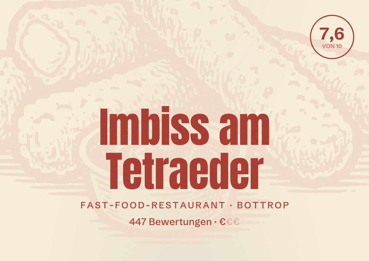 Illustriertes Poster von Imbiss am Tetraeder, Fast-Food-Restaurant in Bottrop: Bewertung 7,6 von 10 aus 447 Bewertungen, Preisniveau €