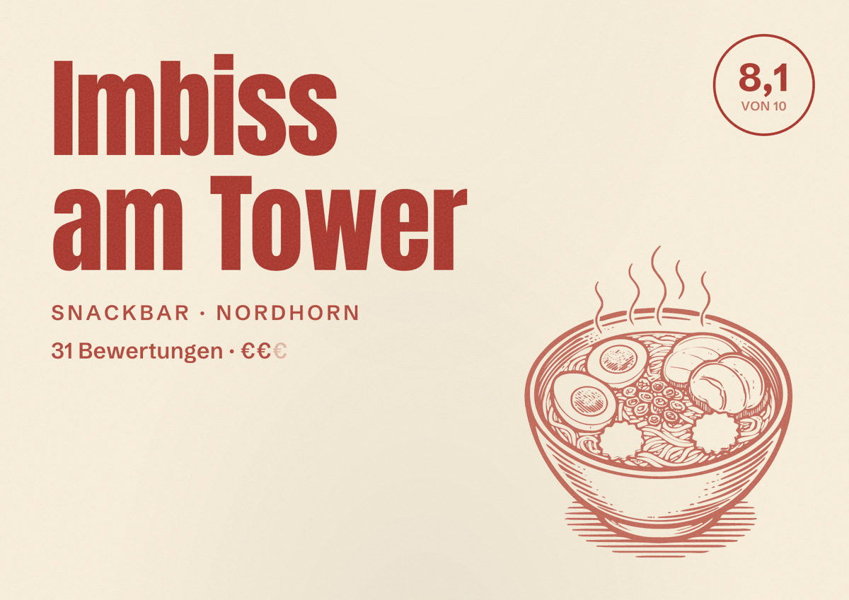 Illustriertes Poster von Imbiss am Tower, Snackbar in Nordhorn: Bewertung 8,1 von 10 aus 31 Bewertungen, Preisniveau €€