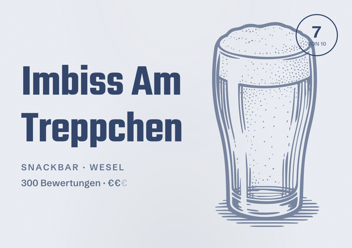 Illustriertes Poster von Imbiss Am Treppchen, Snackbar in Wesel: Bewertung 7 von 10 aus 300 Bewertungen, Preisniveau €€
