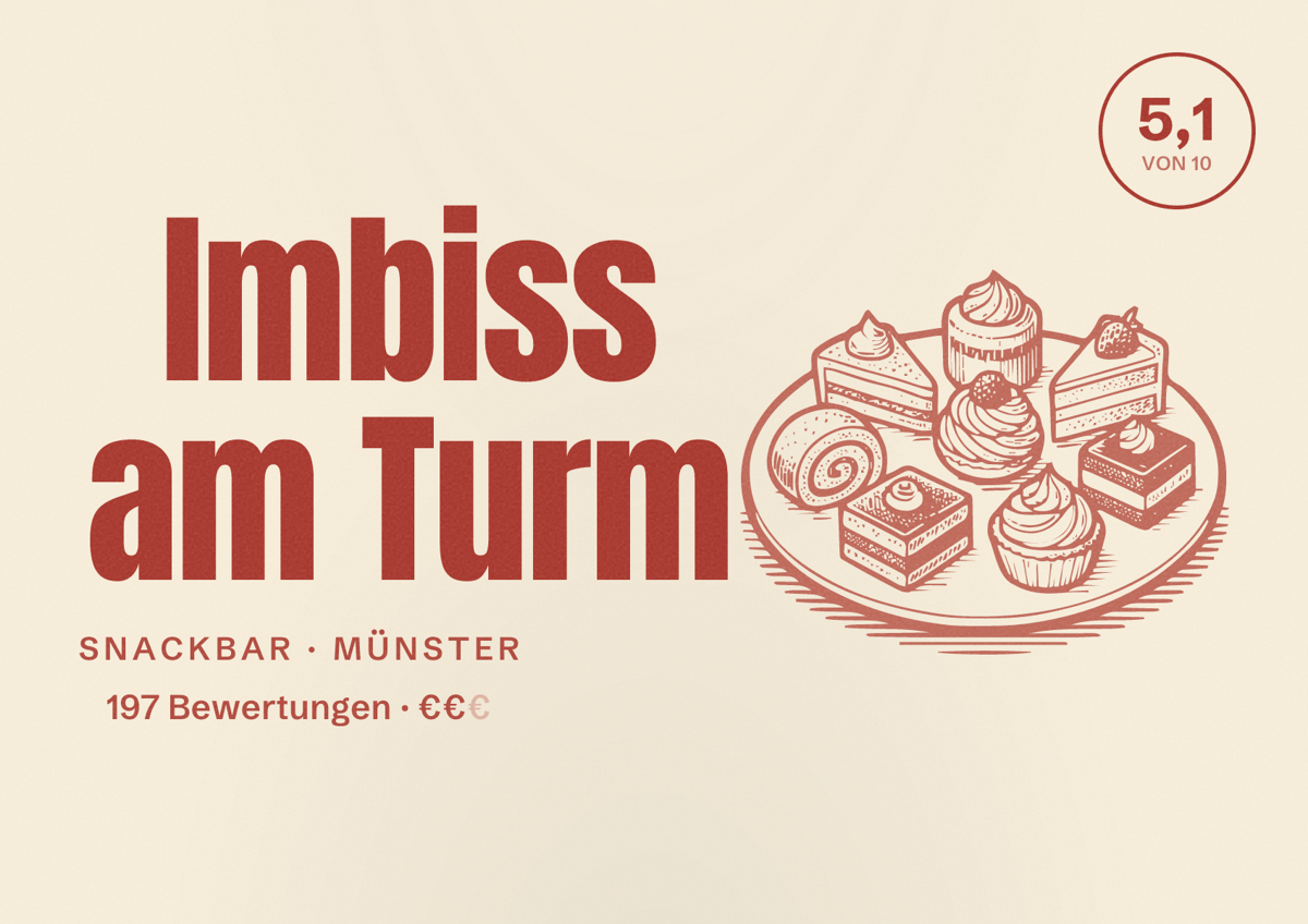 Illustriertes Poster von Imbiss am Turm, Snackbar in Münster: Bewertung 5,1 von 10 aus 197 Bewertungen, Preisniveau €€