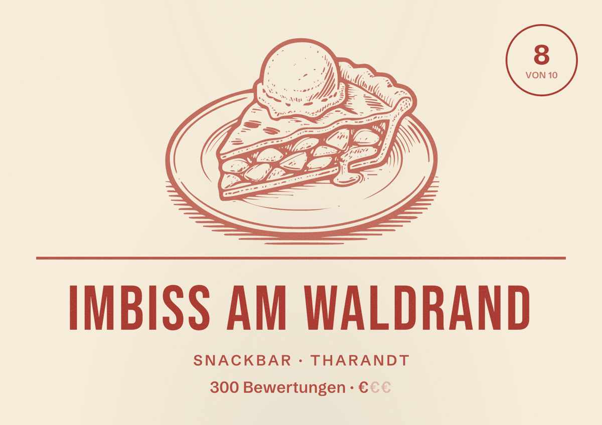 Illustriertes Poster von Imbiss am Waldrand, Snackbar in Tharandt: Bewertung 8 von 10 aus 300 Bewertungen, Preisniveau €