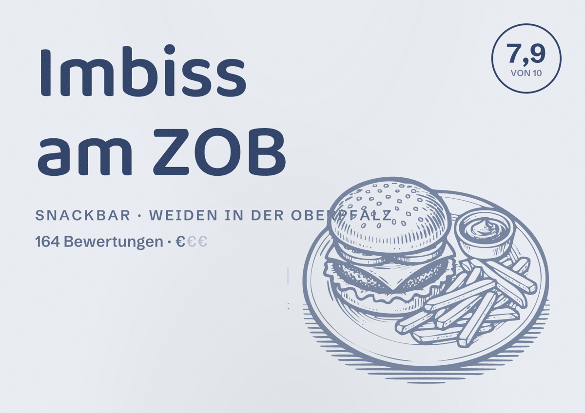 Illustriertes Poster von Imbiss am ZOB, Snackbar in Weiden in der Oberpfalz: Bewertung 7,9 von 10 aus 164 Bewertungen, Preisniveau €