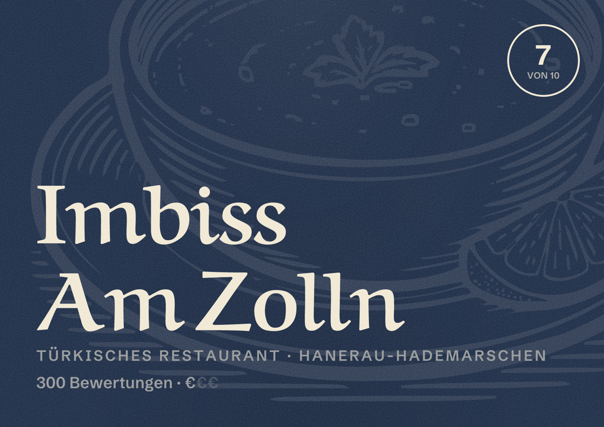 Illustriertes Poster von Imbiss Am Zolln, Türkisches Restaurant in Hanerau-Hademarschen: Bewertung 7 von 10 aus 300 Bewertungen, Preisniveau €