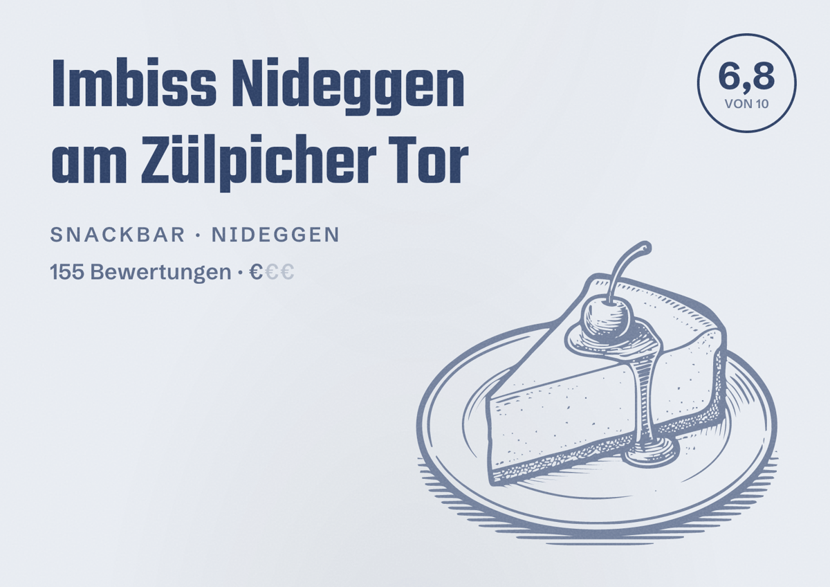 Illustriertes Poster von Imbiss Nideggen am Zülpicher Tor, Snackbar in Nideggen: Bewertung 6,8 von 10 aus 155 Bewertungen, Preisniveau €