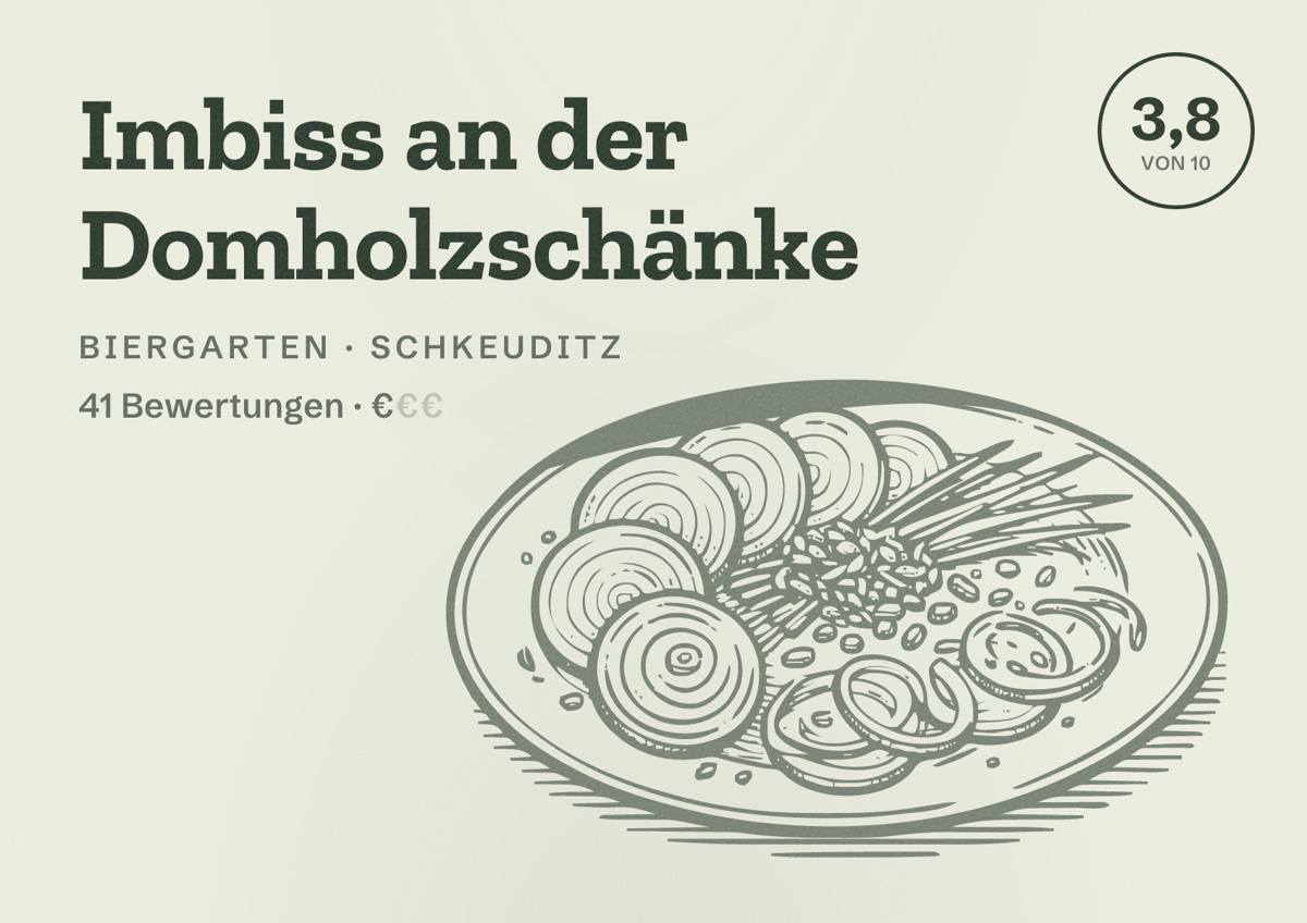 Illustriertes Poster von Imbiss an der Domholzschänke, Biergarten in Schkeuditz: Bewertung 3,8 von 10 aus 41 Bewertungen, Preisniveau €