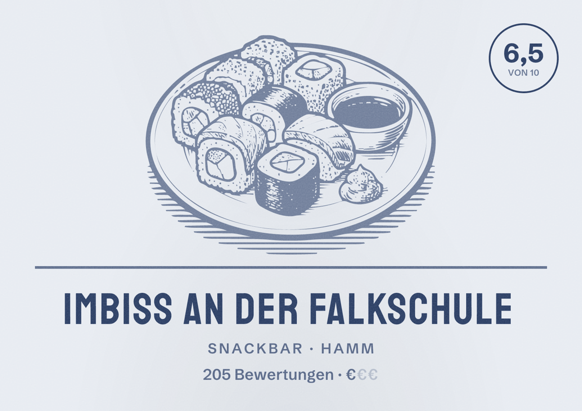 Illustriertes Poster von Imbiss an der Falkschule, Snackbar in Hamm: Bewertung 6,5 von 10 aus 205 Bewertungen, Preisniveau €