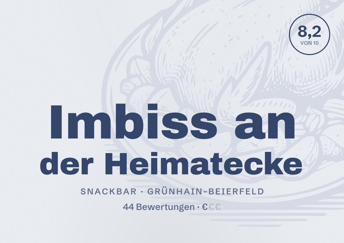 Illustriertes Poster von Imbiss an der Heimatecke, Snackbar in Grünhain-Beierfeld: Bewertung 8,2 von 10 aus 44 Bewertungen, Preisniveau €