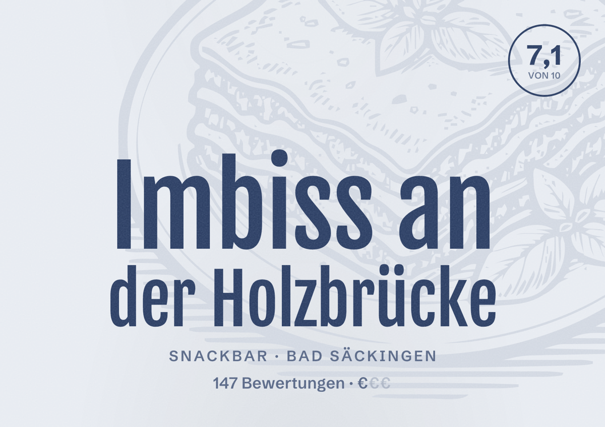 Illustriertes Poster von Imbiss an der Holzbrücke, Snackbar in Bad Säckingen: Bewertung 7,1 von 10 aus 147 Bewertungen, Preisniveau €