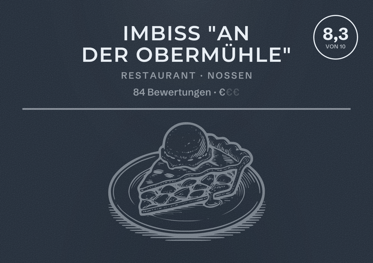 Illustriertes Poster von Imbiss "An der Obermühle", Restaurant in Nossen: Bewertung 8,3 von 10 aus 84 Bewertungen, Preisniveau €