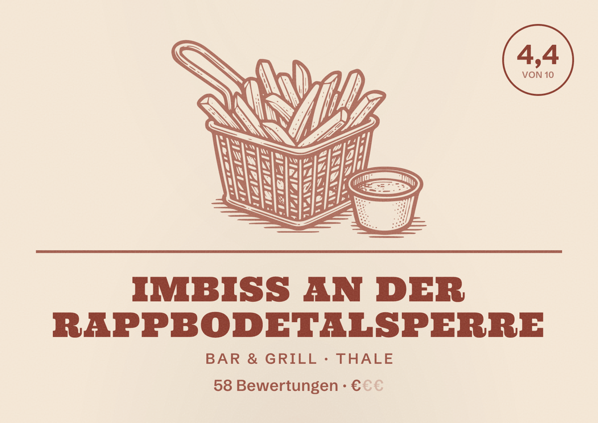 Illustriertes Poster von Imbiss an der Rappbodetalsperre, Bar & Grill in Thale: Bewertung 4,4 von 10 aus 58 Bewertungen, Preisniveau €