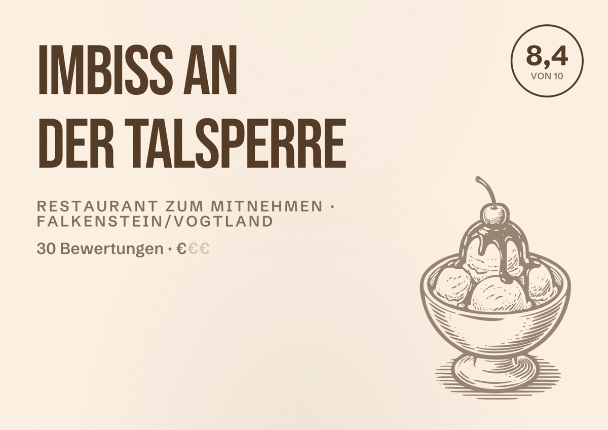 Illustriertes Poster von Imbiss an der Talsperre, Restaurant zum Mitnehmen in Falkenstein/Vogtland: Bewertung 8,4 von 10 aus 30 Bewertungen, Preisniveau €