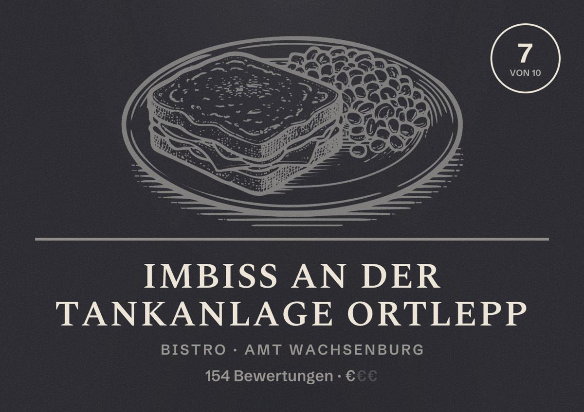 Illustriertes Poster von Imbiss an der Tankanlage Ortlepp, Bistro in Amt Wachsenburg: Bewertung 7 von 10 aus 154 Bewertungen, Preisniveau €