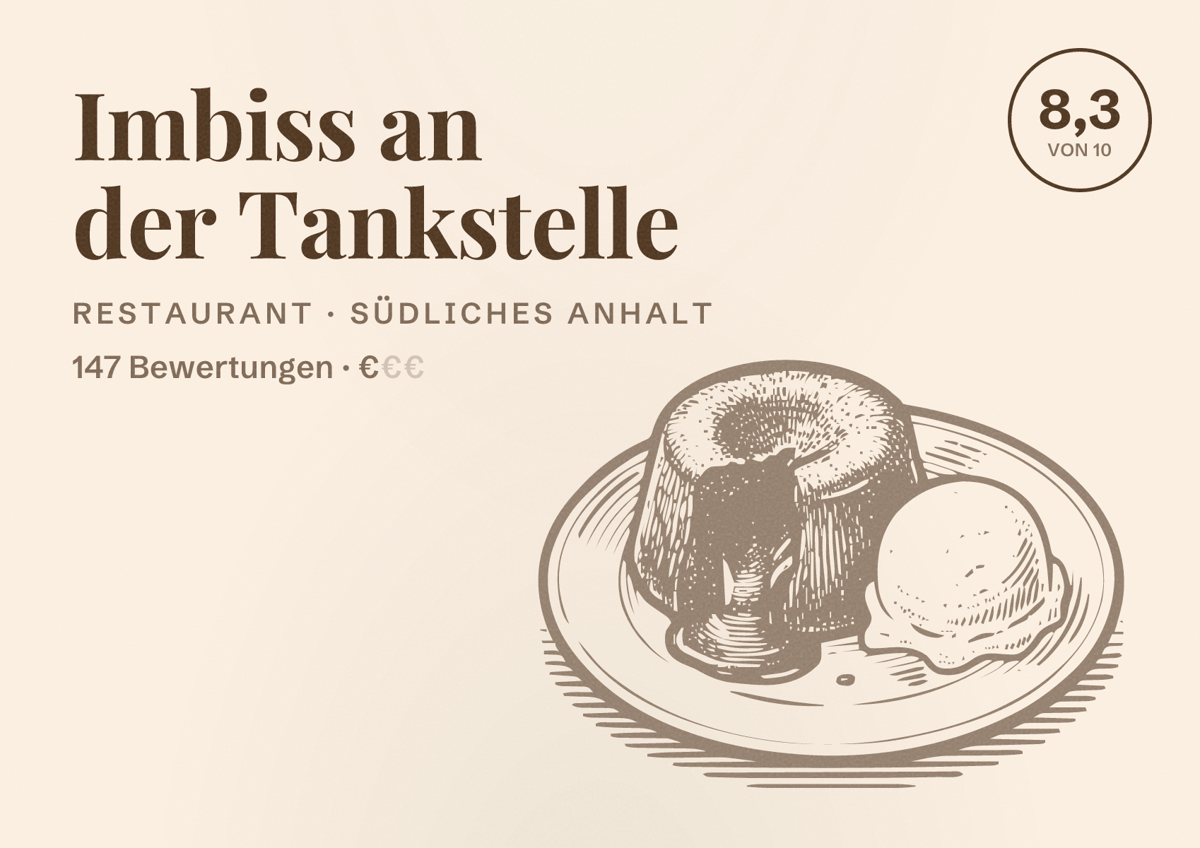 Illustriertes Poster von Imbiss an der Tankstelle, Restaurant in Südliches Anhalt: Bewertung 8,3 von 10 aus 147 Bewertungen, Preisniveau €