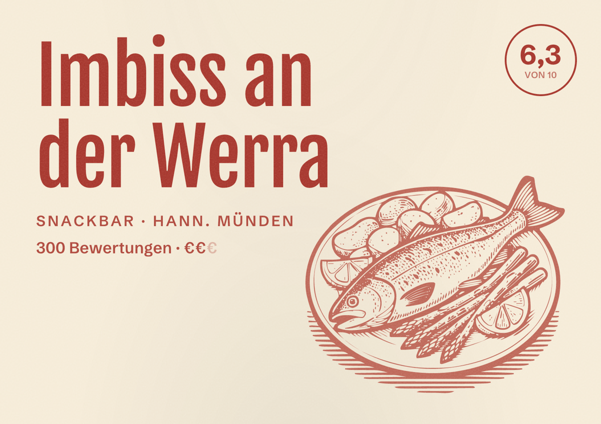Illustriertes Poster von Imbiss an der Werra, Snackbar in Hann. Münden: Bewertung 6,3 von 10 aus 300 Bewertungen, Preisniveau €€