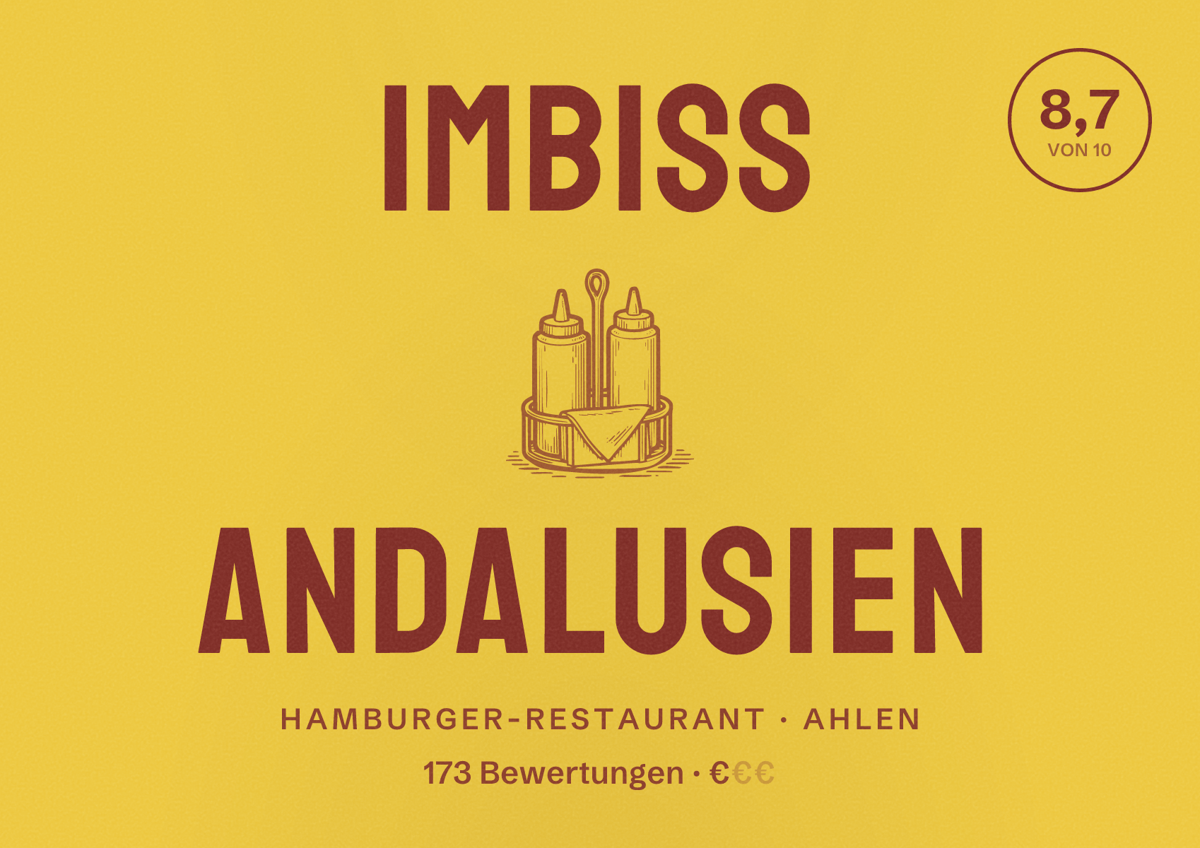 Illustriertes Poster von Imbiss Andalusien, Hamburger-Restaurant in Ahlen: Bewertung 8,7 von 10 aus 173 Bewertungen, Preisniveau €
