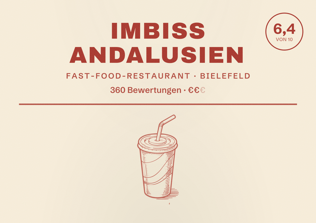 Illustriertes Poster von Imbiss Andalusien, Fast-Food-Restaurant in Bielefeld: Bewertung 6,4 von 10 aus 360 Bewertungen, Preisniveau €€