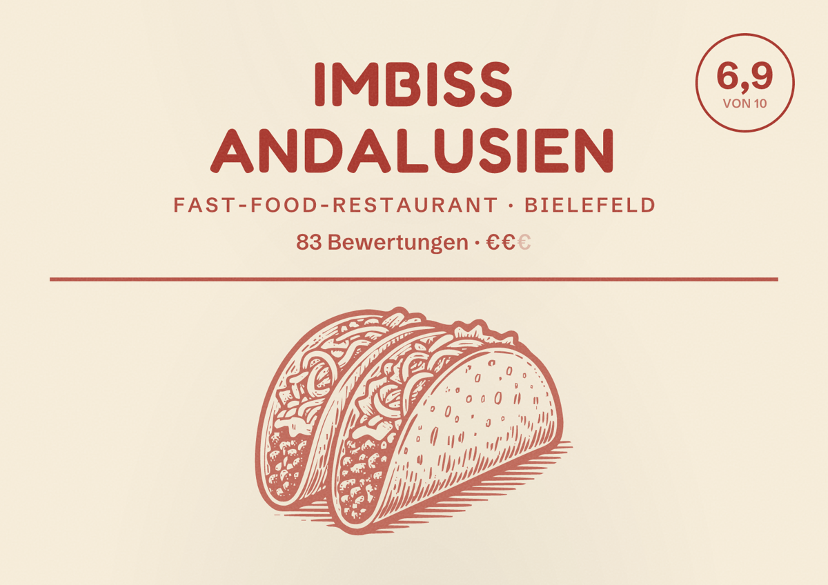 Illustriertes Poster von Imbiss Andalusien, Fast-Food-Restaurant in Bielefeld: Bewertung 6,9 von 10 aus 83 Bewertungen, Preisniveau €€