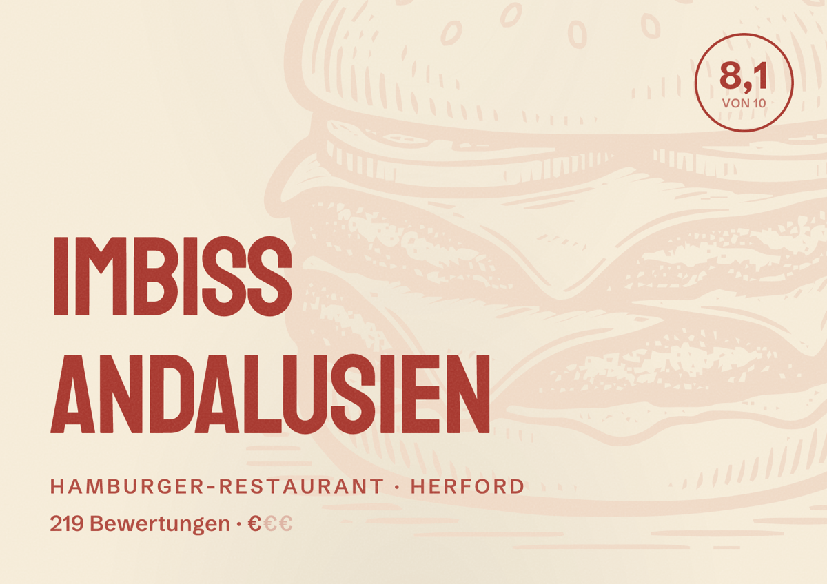Illustriertes Poster von Imbiss Andalusien, Hamburger-Restaurant in Herford: Bewertung 8,1 von 10 aus 219 Bewertungen, Preisniveau €