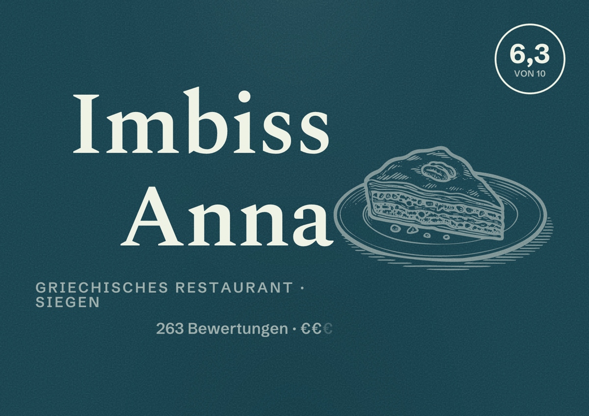 Illustriertes Poster von Imbiss Anna, Griechisches Restaurant in Siegen: Bewertung 6,3 von 10 aus 263 Bewertungen, Preisniveau €€
