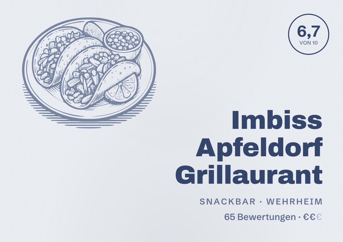 Illustriertes Poster von Imbiss Apfeldorf Grillaurant, Snackbar in Wehrheim: Bewertung 6,7 von 10 aus 65 Bewertungen, Preisniveau €€