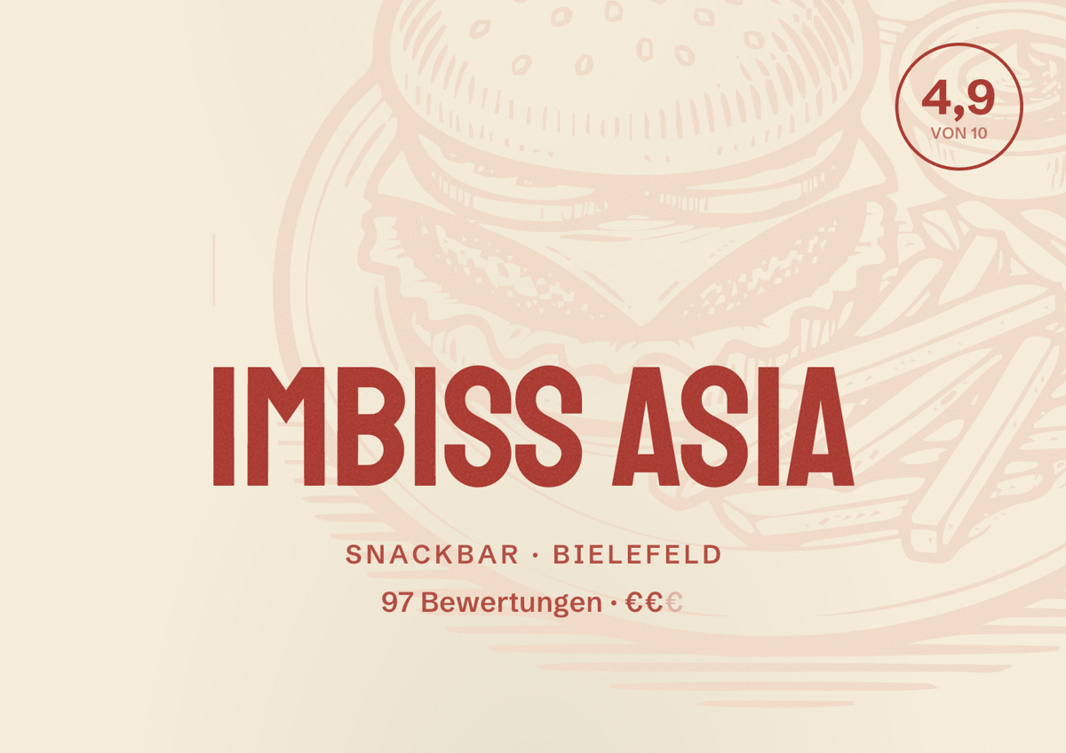 Illustriertes Poster von Imbiss Asia, Snackbar in Bielefeld: Bewertung 4,9 von 10 aus 97 Bewertungen, Preisniveau €€