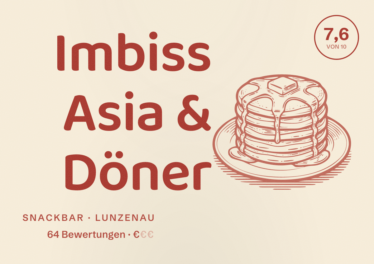 Illustriertes Poster von Imbiss Asia & Döner, Snackbar in Lunzenau: Bewertung 7,6 von 10 aus 64 Bewertungen, Preisniveau €