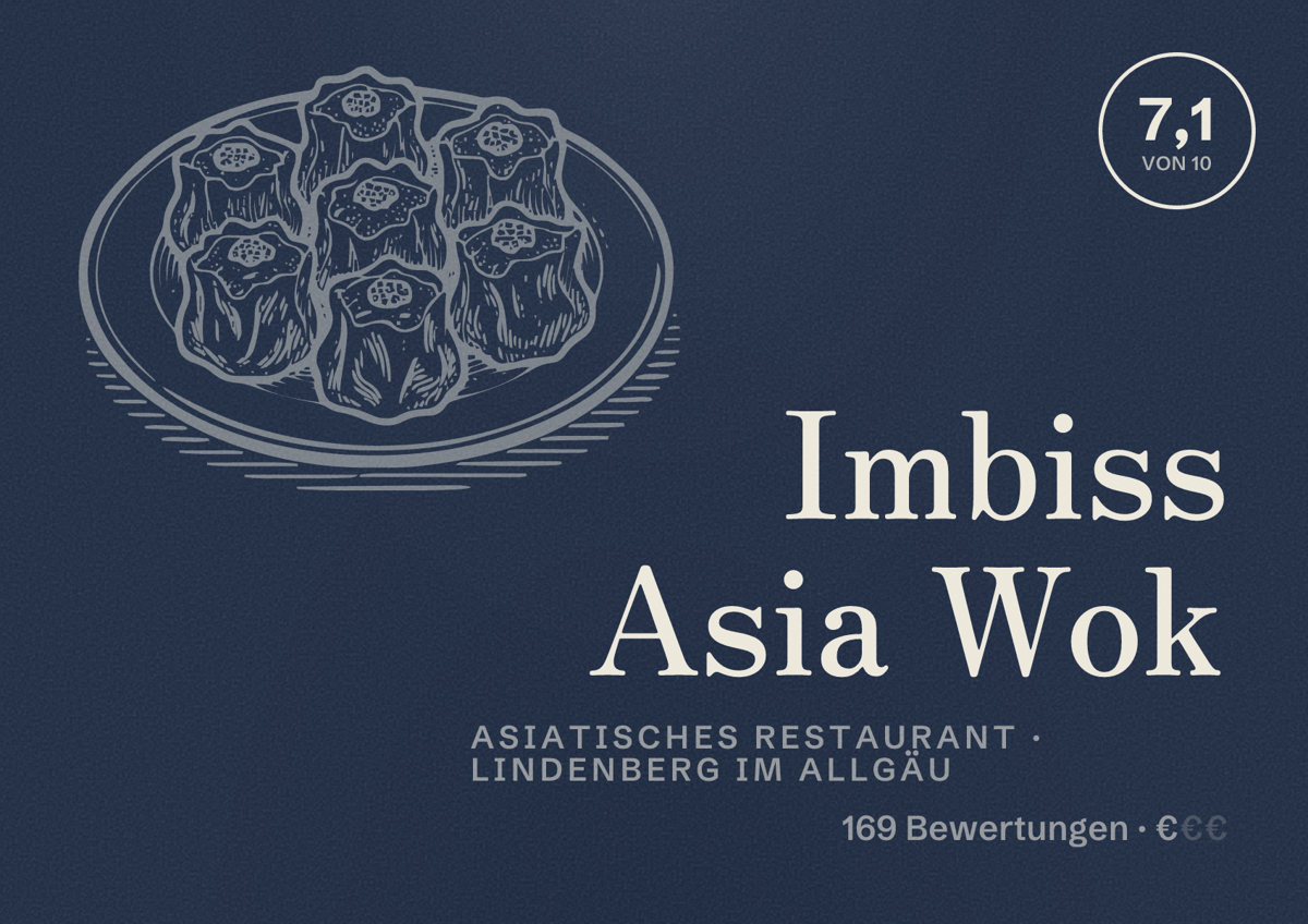 Illustriertes Poster von Imbiss Asia Wok, Asiatisches Restaurant in Lindenberg im Allgäu: Bewertung 7,1 von 10 aus 169 Bewertungen, Preisniveau €