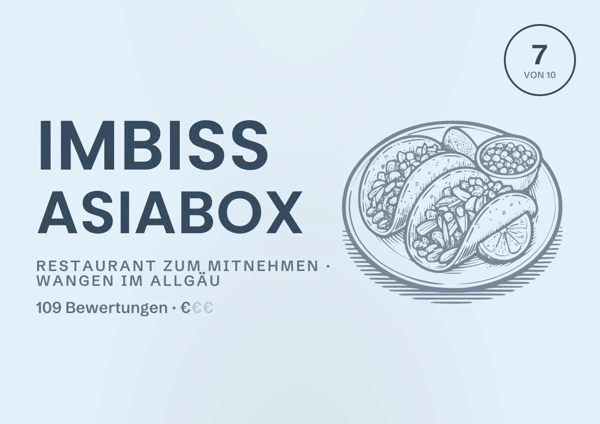 Illustriertes Poster von Imbiss Asiabox, Restaurant zum Mitnehmen in Wangen im Allgäu: Bewertung 7 von 10 aus 109 Bewertungen, Preisniveau €