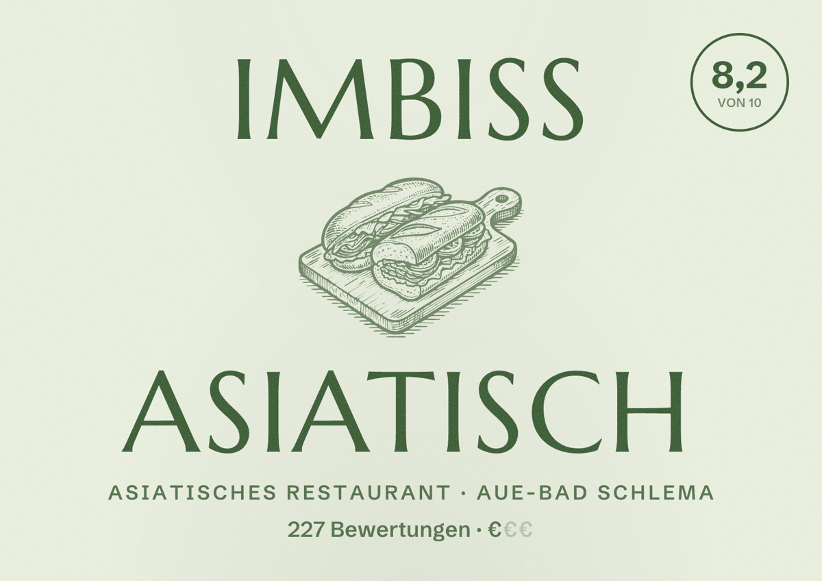 Illustriertes Poster von Imbiß AsiaTisch, Asiatisches Restaurant in Aue-Bad Schlema: Bewertung 8,2 von 10 aus 227 Bewertungen, Preisniveau €