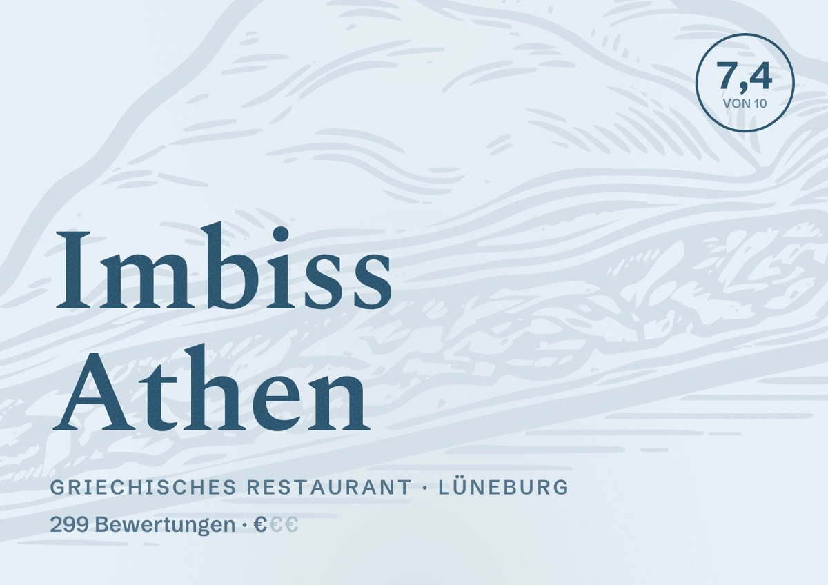 Illustriertes Poster von Imbiss Athen, Griechisches Restaurant in Lüneburg: Bewertung 7,4 von 10 aus 299 Bewertungen, Preisniveau €