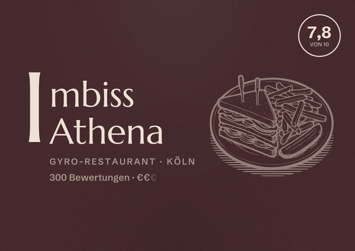 Illustriertes Poster von Imbiss Athena, Gyro-Restaurant in Köln: Bewertung 7,8 von 10 aus 300 Bewertungen, Preisniveau €€