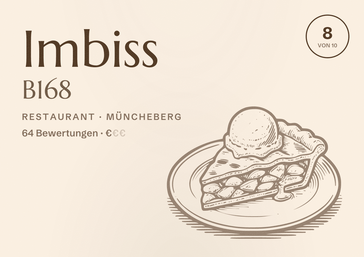 Illustriertes Poster von Imbiss B168, Restaurant in Müncheberg: Bewertung 8 von 10 aus 64 Bewertungen, Preisniveau €