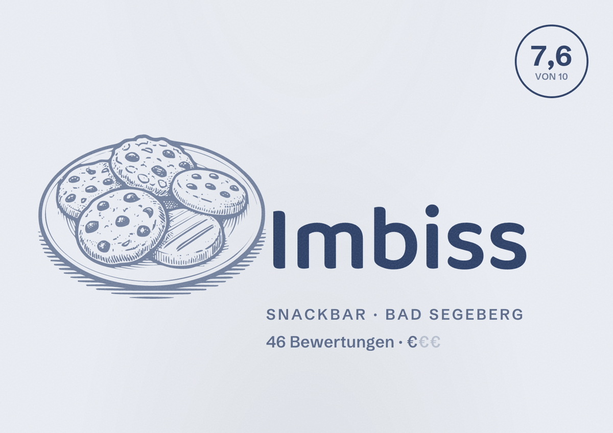 Illustriertes Poster von Imbiss, Snackbar in Bad Segeberg: Bewertung 7,6 von 10 aus 46 Bewertungen, Preisniveau €