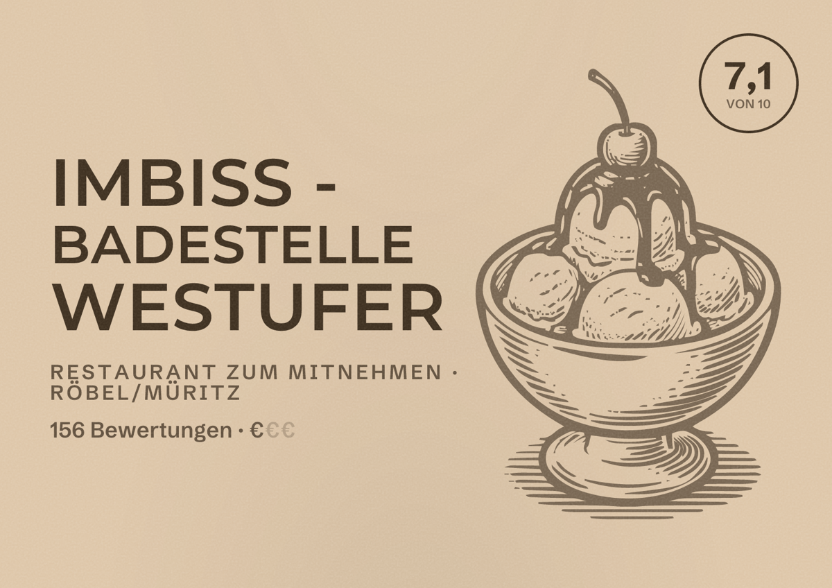 Illustriertes Poster von Imbiss - Badestelle Westufer, Restaurant zum Mitnehmen in Röbel/Müritz: Bewertung 7,1 von 10 aus 156 Bewertungen, Preisniveau €