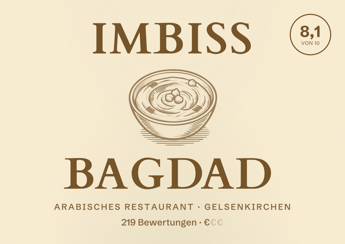 Illustriertes Poster von Imbiss Bagdad, Arabisches Restaurant in Gelsenkirchen: Bewertung 8,1 von 10 aus 219 Bewertungen, Preisniveau €