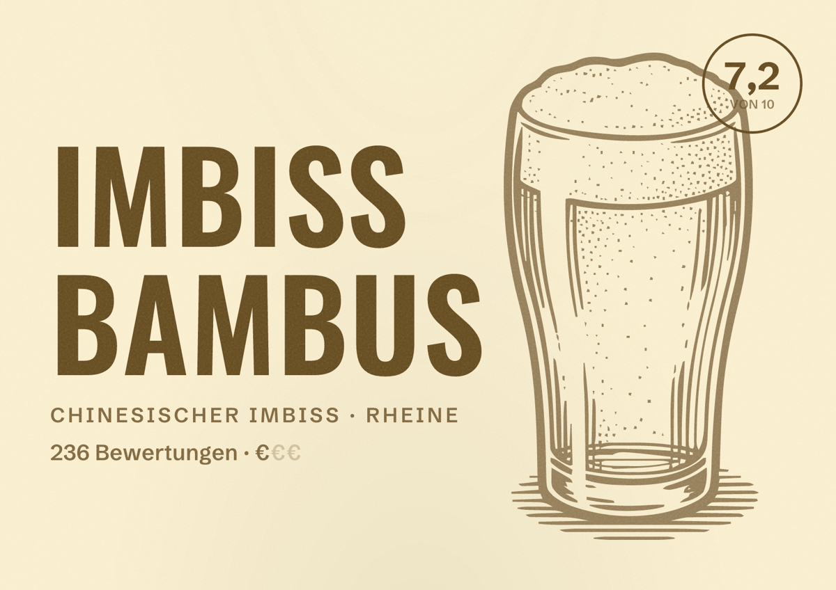 Illustriertes Poster von Imbiss Bambus, Chinesischer Imbiss in Rheine: Bewertung 7,2 von 10 aus 236 Bewertungen, Preisniveau €