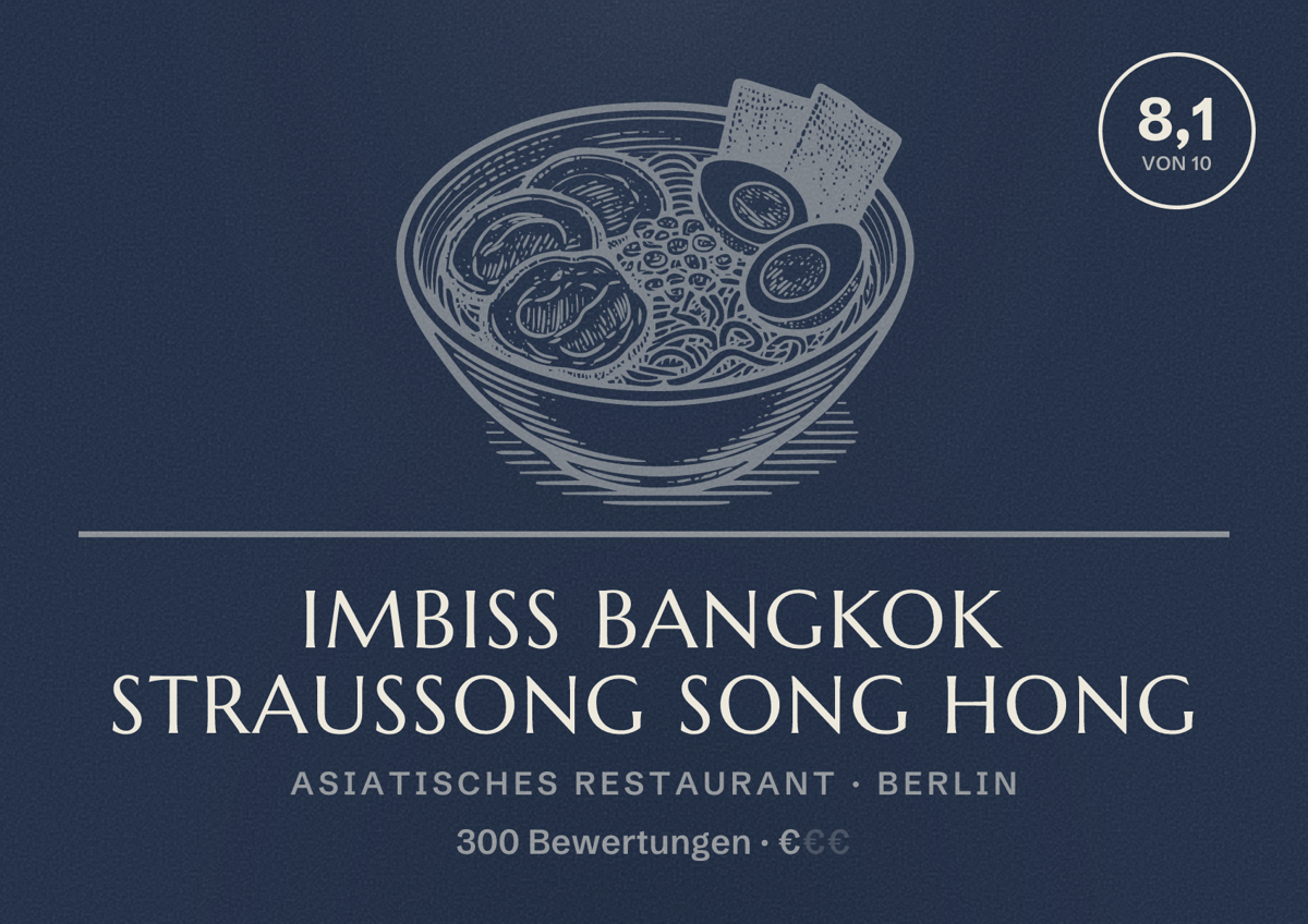 Illustriertes Poster von Imbiss Bangkok Straussong Song Hong, Asiatisches Restaurant in Berlin: Bewertung 8,1 von 10 aus 300 Bewertungen, Preisniveau €
