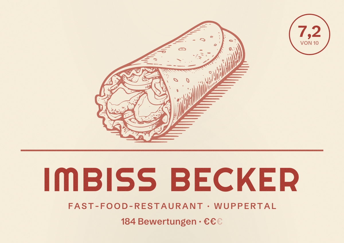 Illustriertes Poster von Imbiss Becker, Fast-Food-Restaurant in Wuppertal: Bewertung 7,2 von 10 aus 184 Bewertungen, Preisniveau €€