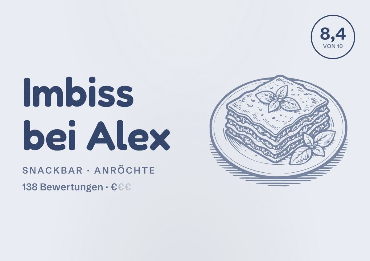 Illustriertes Poster von Imbiss bei Alex, Snackbar in Anröchte: Bewertung 8,4 von 10 aus 138 Bewertungen, Preisniveau €