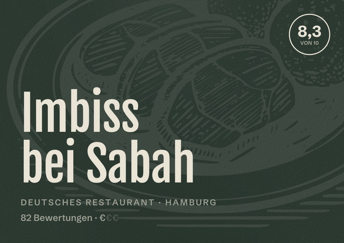 Illustriertes Poster von Imbiss bei Sabah, Deutsches Restaurant in Hamburg: Bewertung 8,3 von 10 aus 82 Bewertungen, Preisniveau €
